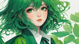 緑の髪・瞳の可愛い女性のフリー素材・写真・画像