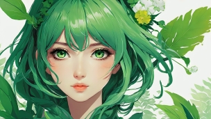 緑の髪色・瞳の綺麗な女性 / 白・緑の花飾り /イラストのフリー素材・写真・画像