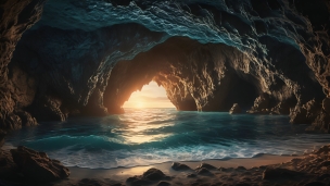 洞窟と海と夕陽 / 絶景のフリー素材・写真・画像
