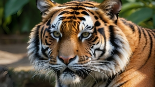 迫力ある虎の顔のアップ / 茶・黒・白のフリー素材・写真・画像
