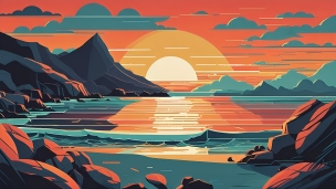 海と夕陽 / オレンジ / 緑 / ポップのフリー素材・写真・画像