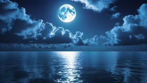 静寂の海 / 青 / 満月 / 綺麗のフリー素材・写真・画像