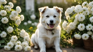 白い花と舌を出した白い犬 / 可愛い / 首輪のフリー素材・写真・画像