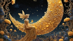 黄色いドレスを着た女性と黄色い月 / ハチミツ / 星空のフリー素材・写真・画像