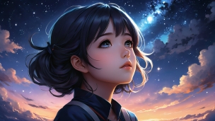 星空を見上げる黒髪の可愛い少女 / イラストのフリー素材・写真・画像
