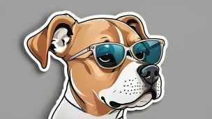 青みがかったレンズのサングラスを付けた茶色・白の犬のイラストのフリー素材・写真・画像