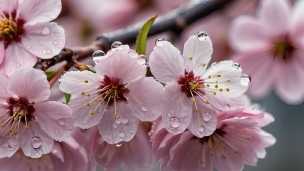 雨露が付いたピンクの桜 / クローズアップ / 春のフリー素材・写真・画像