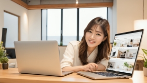 2台のノートパソコンと笑顔の女性 / WEBデザイナー / オフィスのフリー素材・写真・画像