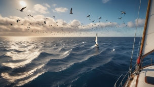 海鳥と航行する2隻のヨットのフリー素材・写真・画像