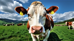 白・茶色の牛の顔のクローズアップ / 牧草地のフリー素材・写真・画像