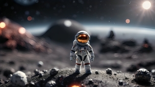 月面に降り立つ宇宙飛行士 / 荒れた大地 / 正面のフリー素材・写真・画像