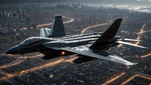 街の上を飛行する黒い戦闘機 / かっこいいのフリー素材・写真・画像