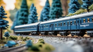 森の中を走る青い電車のフリー素材・写真・画像