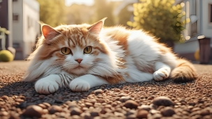 街中の砂利道の上に寝そべる茶色・白の猫のフリー素材・写真・画像