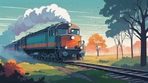 紅葉と白い煙を出して走るカラフルな機関車のフリー素材・写真・画像