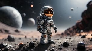 月面に降り立つ可愛い宇宙飛行士 / 無数の惑星のフリー素材・写真・画像