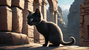 神殿の跡地に佇む可愛い黒い猫のフリー素材・写真・画像