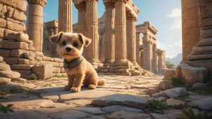 神殿跡に住む首輪をつけた可愛い茶色い犬のフリー素材・写真・画像