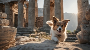 光り射す神殿の跡地と舌を出した可愛い犬のフリー素材・写真・画像