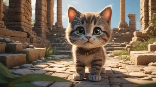 神殿の跡地に佇む可愛い縞模様の猫 / 首輪のフリー素材・写真・画像