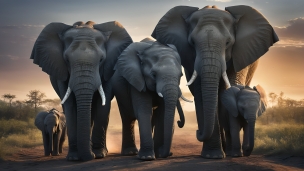 並んで歩く象の親子のフリー素材・写真・画像
