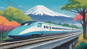 富士山の前を通過する近代的な青い電車 / 紅葉のフリー素材・写真・画像