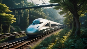 緑豊かな木々の中を走る近代的な電車のフリー素材・写真・画像