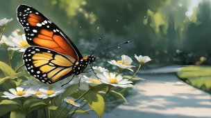 白い花にとまるオレンジ・黄色の蝶のフリー素材・写真・画像