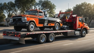 オレンジのレッカー車のフリー素材・写真・画像