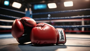 ボクシングのリングの上に置かれた赤いボクシンググローブのフリー素材・写真・画像