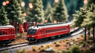 森の中を走る赤い電車・列車のフリー素材・写真・画像