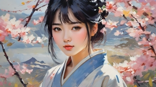 桜の花と着物を着た綺麗な黒髪の女性 / イラストのフリー素材・写真・画像