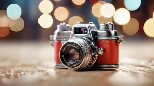 乱反射する光と可愛い赤いカメラのフリー素材・写真・画像