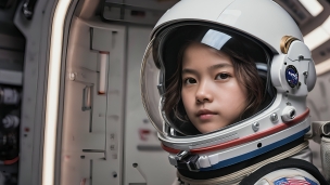 精悍な顔つきの若い女性宇宙飛行士のフリー素材・写真・画像