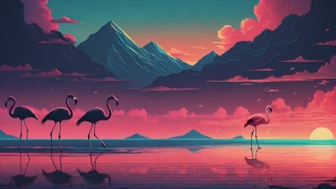 ピンクに染まる池に立つ4羽のフラミンゴと遠くに見える山 / イラストのフリー素材・写真・画像
