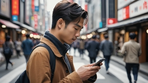 街中でスマホを確認する茶色い服を着た日本人男性のフリー素材・写真・画像