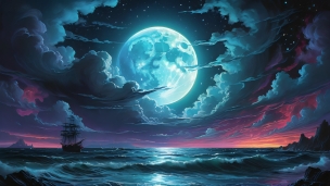 大きな青い満月と海を航行する帆船 / 綺麗のフリー素材・写真・画像
