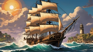 荒波を航行する帆船 / 太陽 / イラストのフリー素材・写真・画像