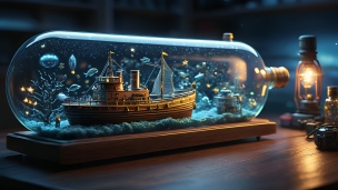 綺麗なボトルシップ / ワインボトル / 船の模型のフリー素材・写真・画像