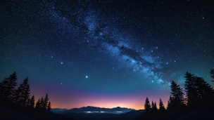 黒い森と綺麗な青い銀河・星空のフリー素材・写真・画像