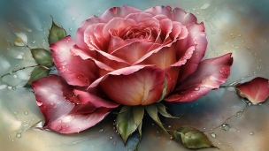 水滴のついたピンクの薔薇と緑の葉 / 綺麗のフリー素材・写真・画像