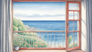 窓辺から見える海 / 白いカーテンのフリー素材・写真・画像