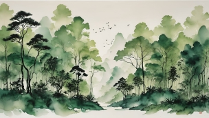 濃淡のある緑の林の水彩画のフリー素材・写真・画像