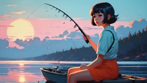 ボートの上で釣りをする黒髪の女性 / 朝日 / イラストのフリー素材・写真・画像