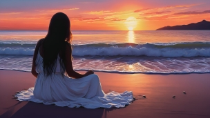 夕暮れの海で瞑想する白いドレスを着た女性の後ろ姿 / ヒーリングのフリー素材・写真・画像