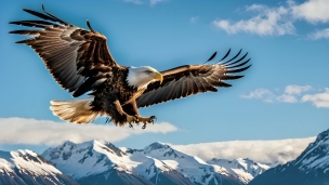 雪山の上を飛ぶハクトウワシ / かっこいいのフリー素材・写真・画像