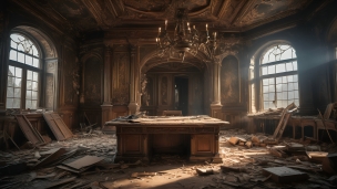 壊れた家具 / 老朽化した部屋 / シャンデリアのフリー素材・写真・画像