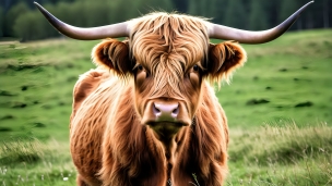 こちらを見つめる毛の長い茶色い牛 / ハイランド牛 / スコットランドのフリー素材・写真・画像