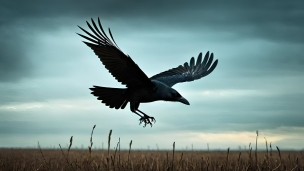 低空飛行する黒いカラスのフリー素材・写真・画像