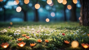 オレンジ・白の花が咲く森 / 乱反射する光のフリー素材・写真・画像
